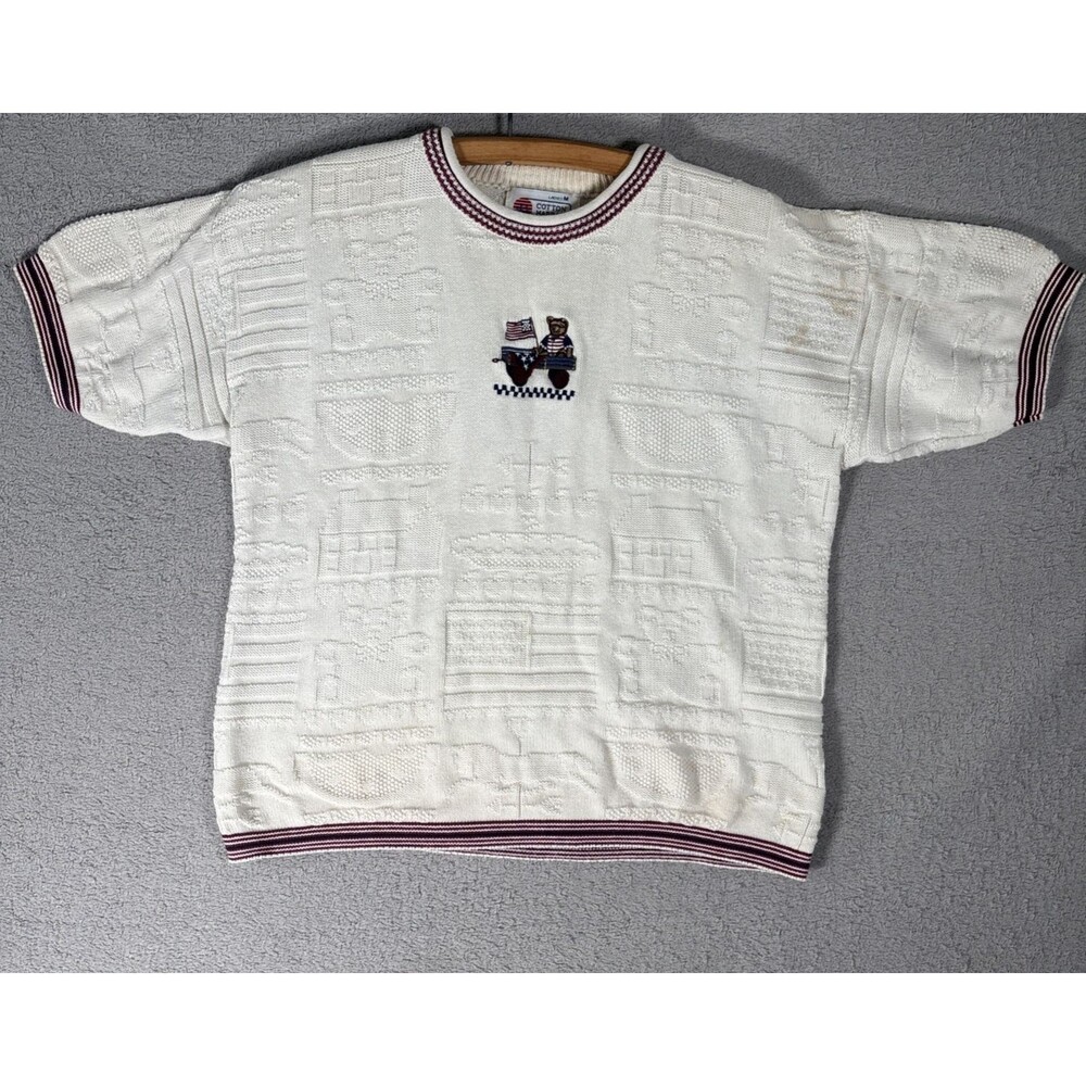 Vintage Cotton Harbor Sweater Womens Size M 3D Knit Patriot Bear Cottage Teacher